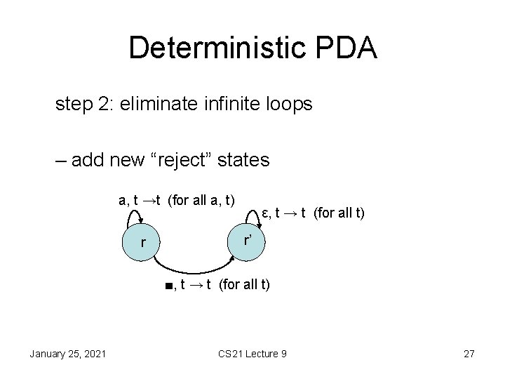 Deterministic PDA step 2: eliminate infinite loops – add new “reject” states a, t