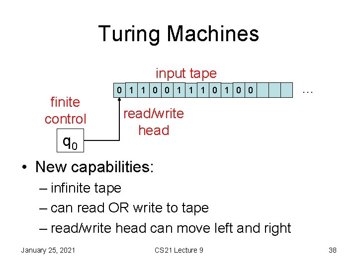 Turing Machines input tape finite control q 0 0 1 1 1 0 0