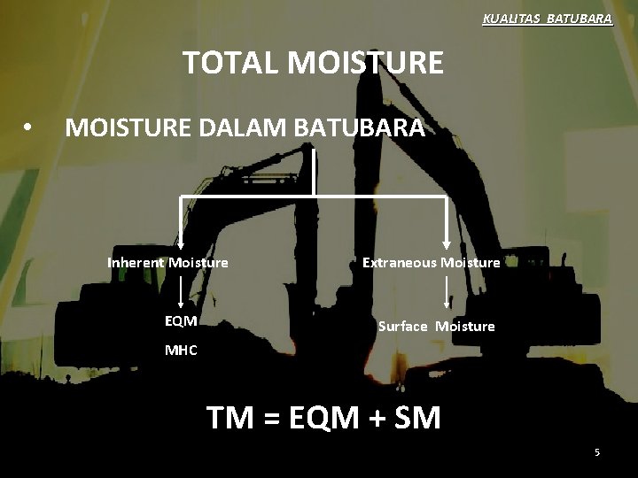 KUALITAS BATUBARA TOTAL MOISTURE • MOISTURE DALAM BATUBARA Inherent Moisture EQM Extraneous Moisture Surface