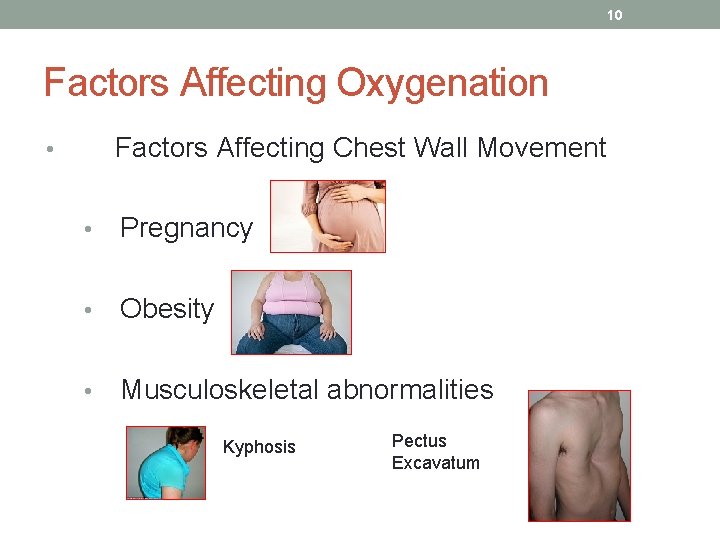 10 Factors Affecting Oxygenation Factors Affecting Chest Wall Movement • • Pregnancy • Obesity