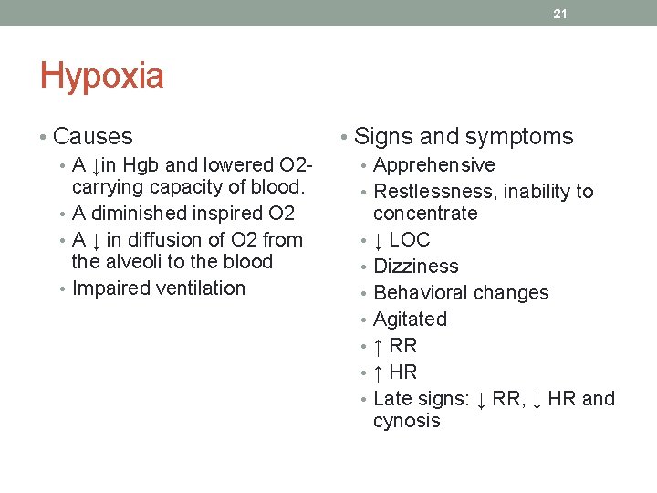 21 Hypoxia • Causes • A ↓in Hgb and lowered O 2 carrying capacity