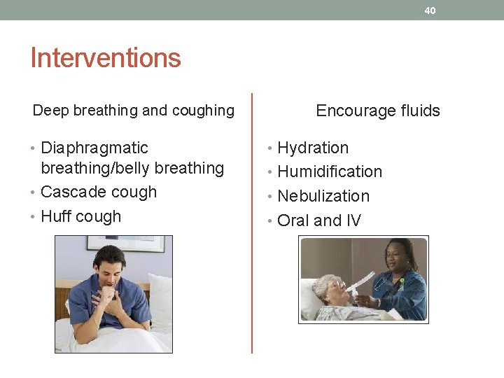 40 Interventions Deep breathing and coughing Encourage fluids • Diaphragmatic • Hydration breathing/belly breathing