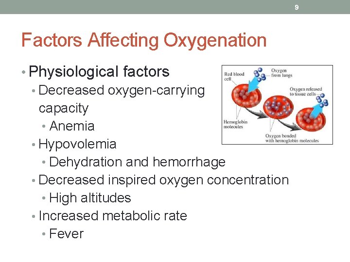 9 Factors Affecting Oxygenation • Physiological factors • Decreased oxygen-carrying capacity • Anemia •