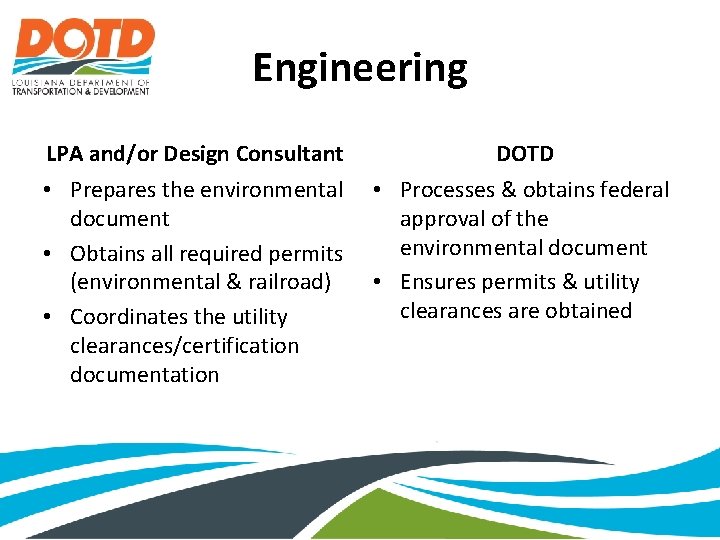 Engineering LPA and/or Design Consultant DOTD • Prepares the environmental document • Obtains all