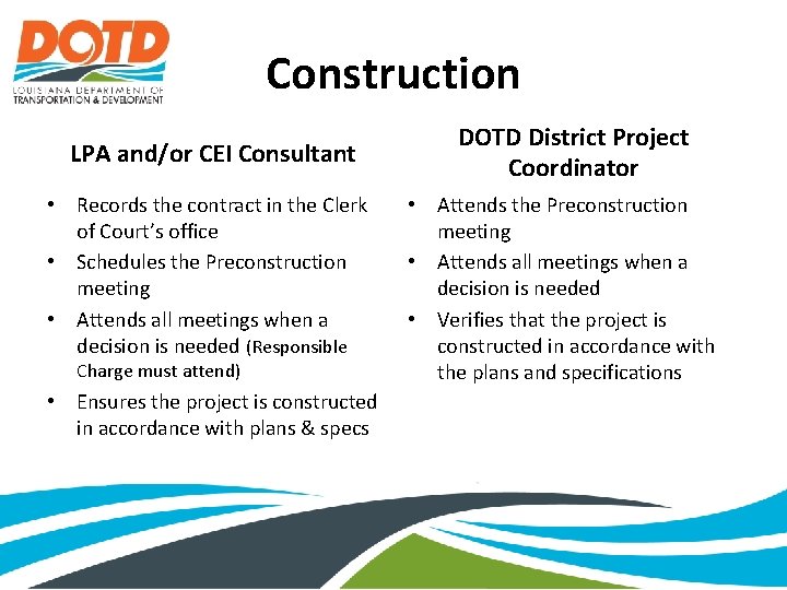 Construction LPA and/or CEI Consultant • Records the contract in the Clerk of Court’s