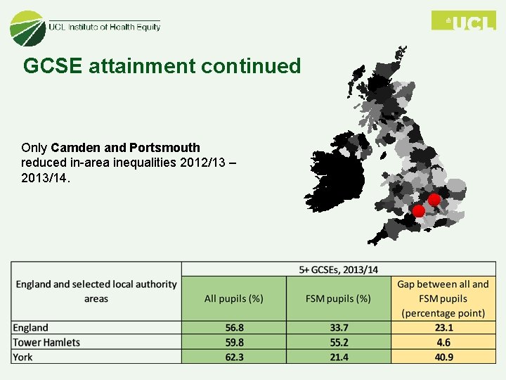 GCSE attainment continued Only Camden and Portsmouth reduced in-area inequalities 2012/13 – 2013/14. 