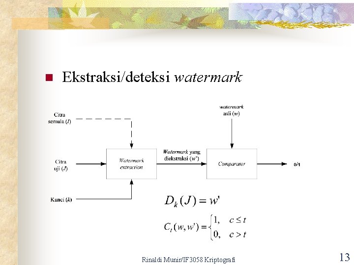 n Ekstraksi/deteksi watermark Rinaldi Munir/IF 3058 Kriptografi 13 