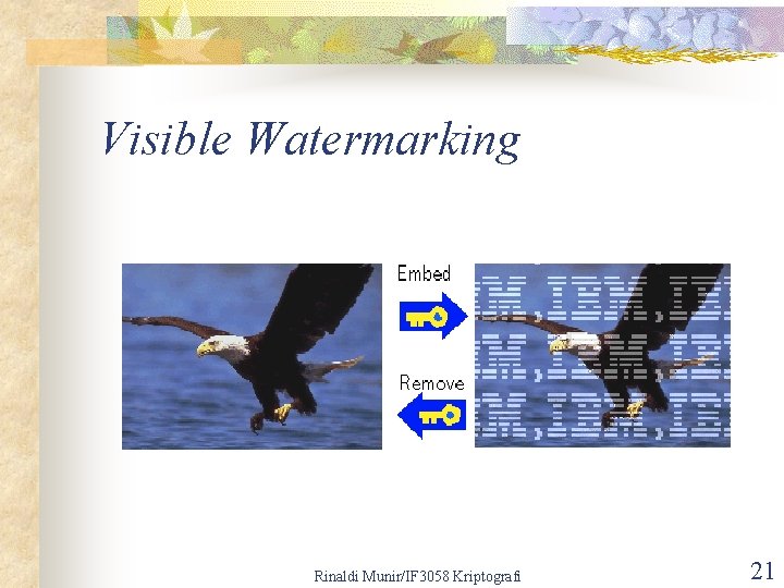 Visible Watermarking Rinaldi Munir/IF 3058 Kriptografi 21 