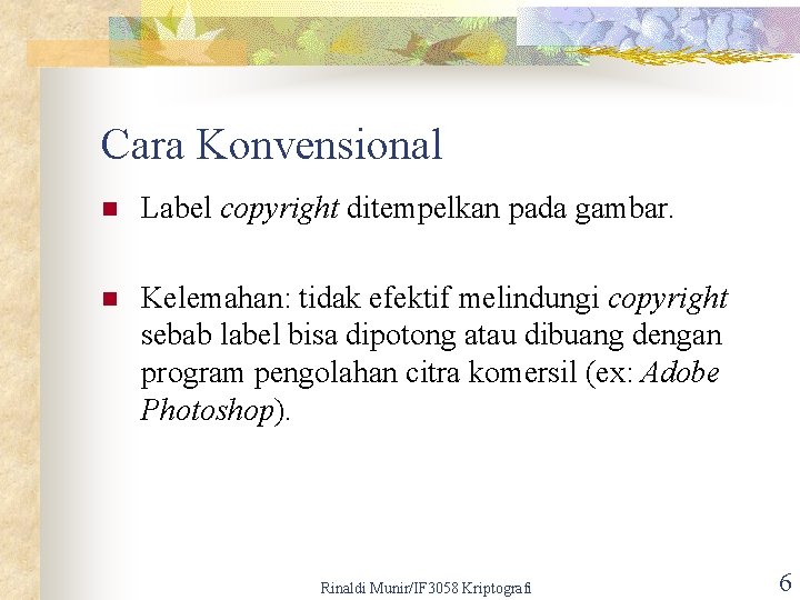 Cara Konvensional n Label copyright ditempelkan pada gambar. n Kelemahan: tidak efektif melindungi copyright