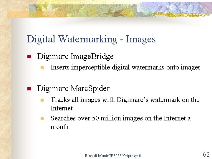 Digital Watermarking - Images n Digimarc Image. Bridge n n Inserts imperceptible digital watermarks