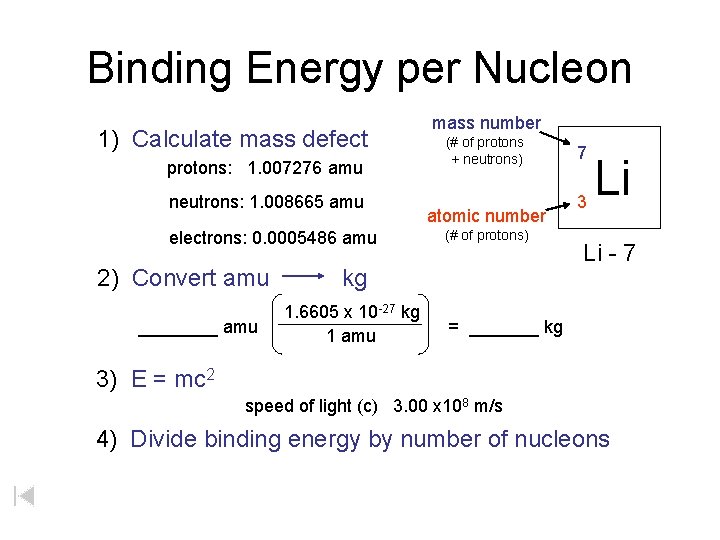 Binding Energy per Nucleon 1) Calculate mass defect protons: 1. 007276 amu neutrons: 1.