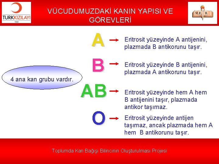 VÜCUDUMUZDAKİ KANIN YAPISI VE GÖREVLERİ 4 ana kan grubu vardır. A B AB O