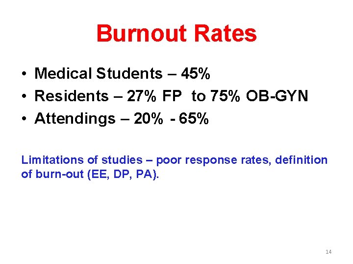 Burnout Rates • Medical Students – 45% • Residents – 27% FP to 75%