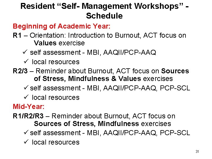 Resident “Self- Management Workshops” Schedule Beginning of Academic Year: R 1 – Orientation: Introduction