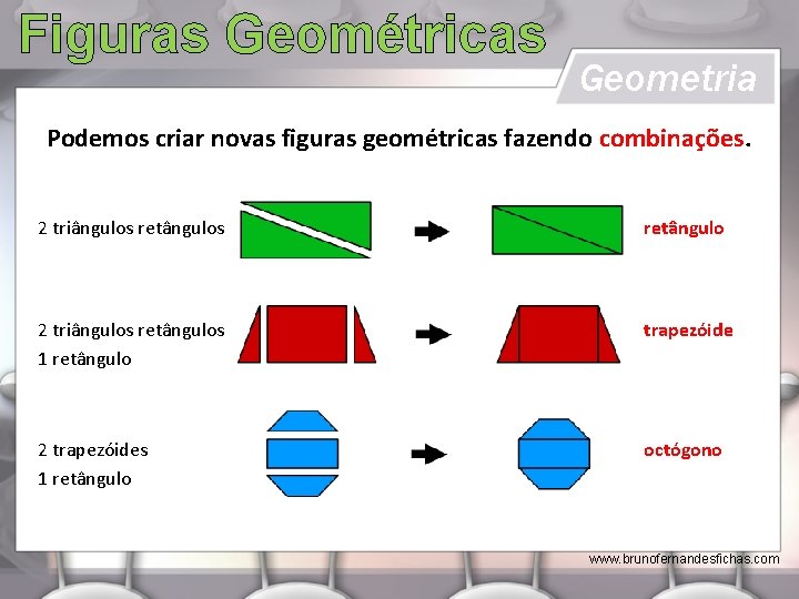 Figuras Geométricas Geometria Podemos criar novas figuras geométricas fazendo combinações. 2 triângulos retângulos 1