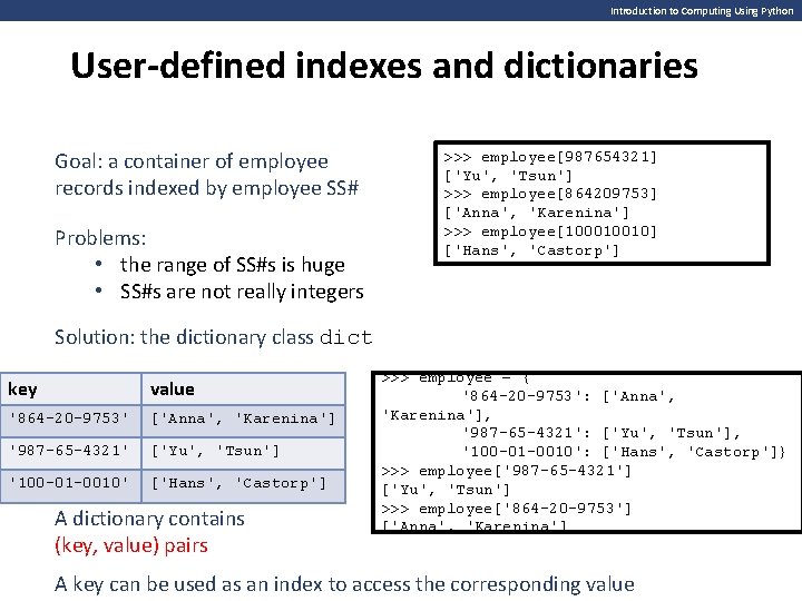 Introduction to Computing Using Python User-defined indexes and dictionaries Goal: a container of employee