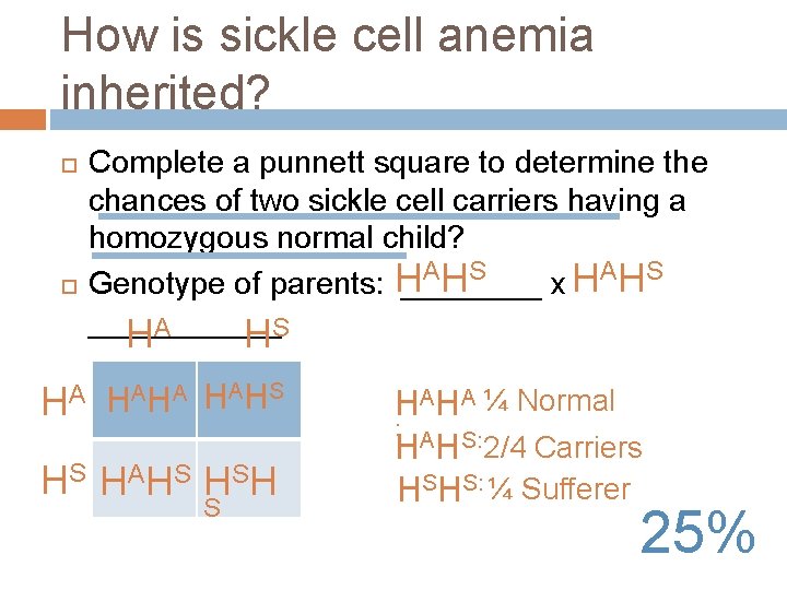How is sickle cell anemia inherited? HA Complete a punnett square to determine the