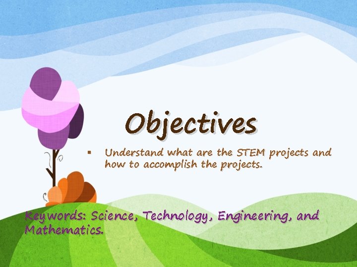§ Objectives Understand what are the STEM projects and how to accomplish the projects. § Objectives Understand what are the STEM projects and how to accomplish the projects.