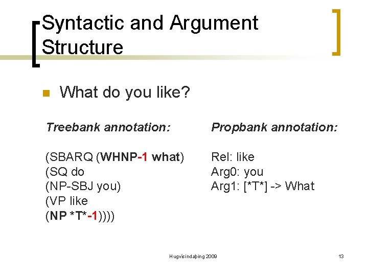 Syntactic and Argument Structure n What do you like? Treebank annotation: Propbank annotation: (SBARQ