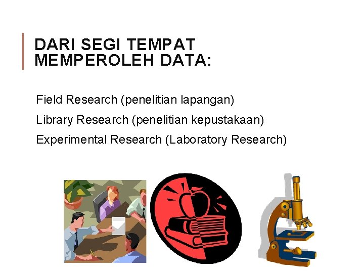 DARI SEGI TEMPAT MEMPEROLEH DATA: Field Research (penelitian lapangan) Library Research (penelitian kepustakaan) Experimental