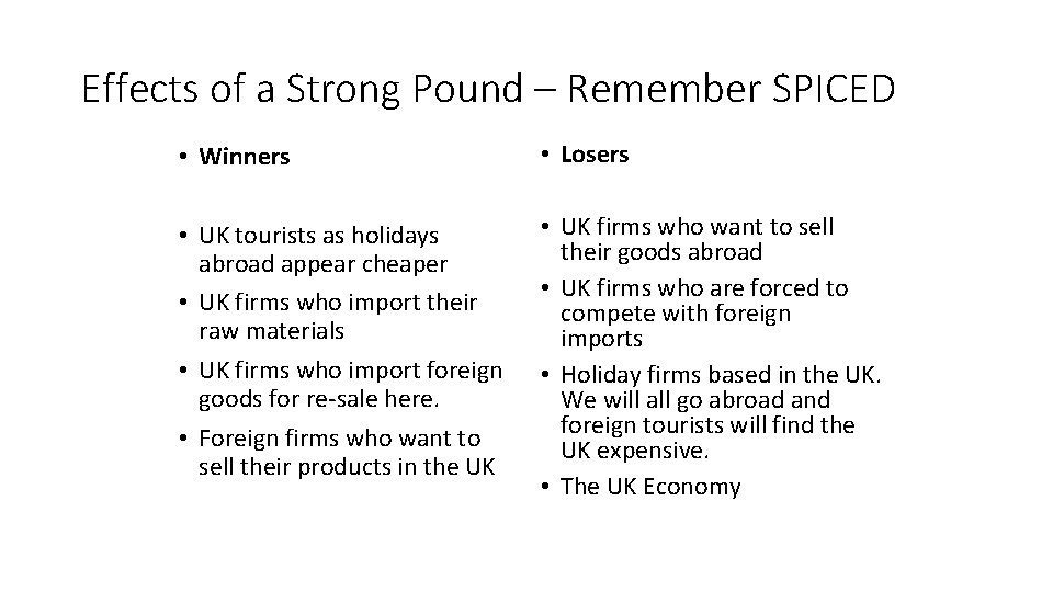 Effects of a Strong Pound – Remember SPICED • Winners • Losers • UK