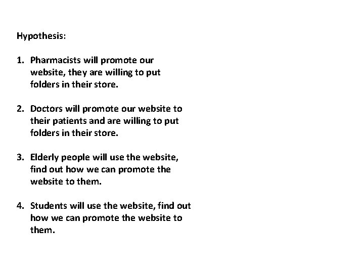 Hypothesis: 1. Pharmacists will promote our website, they are willing to put folders in