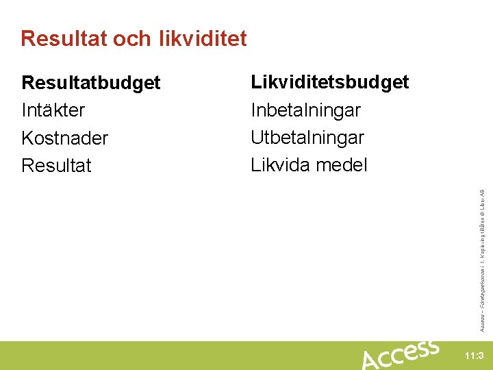 Resultat och likviditet Likviditetsbudget Inbetalningar Utbetalningar Likvida medel Access – Företagsekonomi 1. Kopiering tillåten