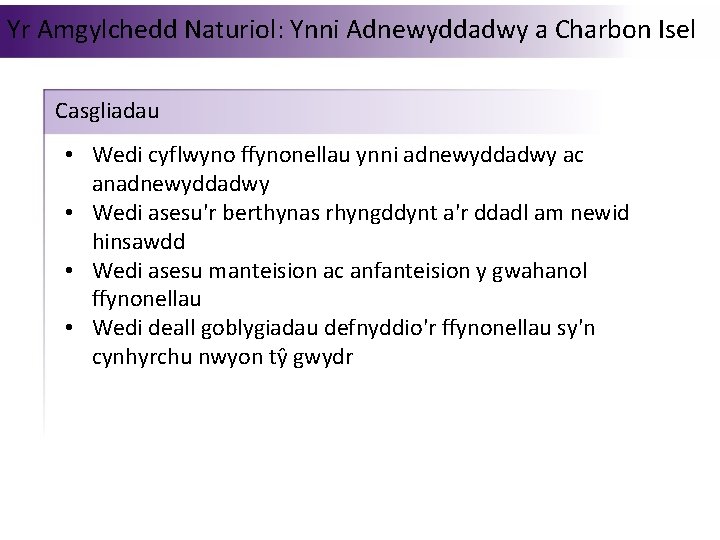 Yr Amgylchedd Naturiol: Ynni Adnewyddadwy a Charbon Isel Casgliadau • Wedi cyflwyno ffynonellau ynni
