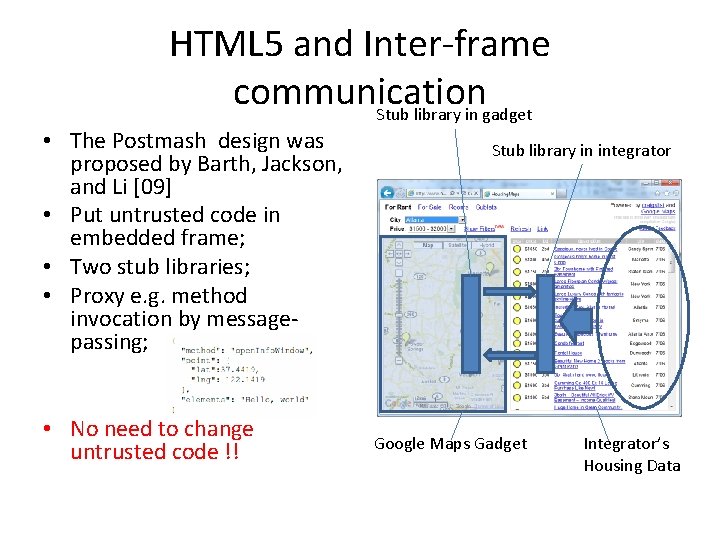 HTML 5 and Inter-frame communication Stub library in gadget • The Postmash design was