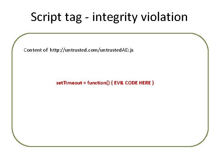 Script tag - integrity violation Content of http: //untrusted. com/untrusted. AD. js set. Timeout