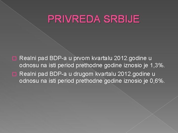 PRIVREDA SRBIJE Realni pad BDP-a u prvom kvartalu 2012. godine u odnosu na isti