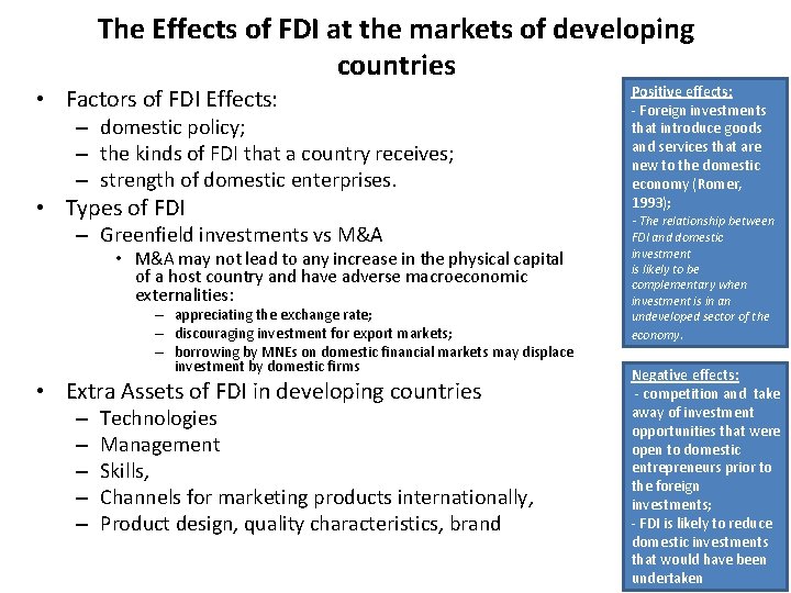 The Effects of FDI at the markets of developing countries • Factors of FDI