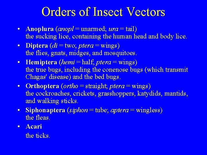 Orders of Insect Vectors • Anoplura (anopl = unarmed; ura = tail) the sucking