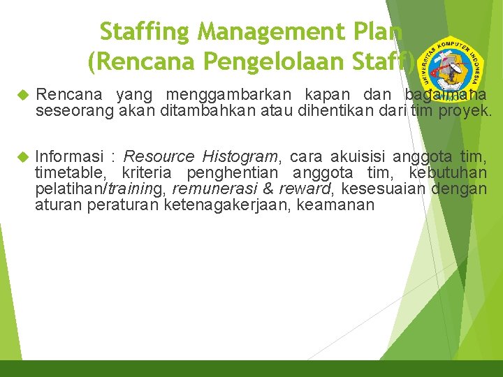 18 Staffing Management Plan (Rencana Pengelolaan Staff) Rencana yang menggambarkan kapan dan bagaimana seseorang