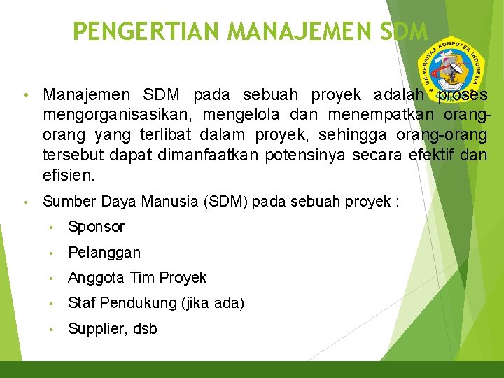 PENGERTIAN MANAJEMEN SDM 2 • Manajemen SDM pada sebuah proyek adalah proses mengorganisasikan, mengelola