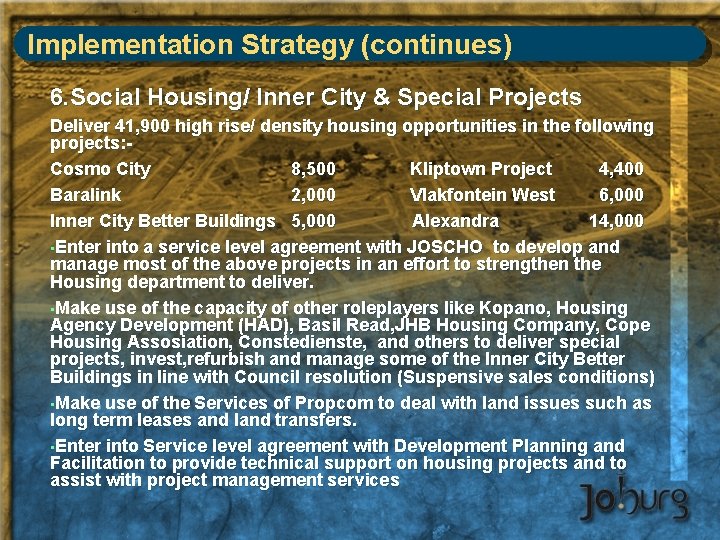 Implementation Strategy (continues) 6. Social Housing/ Inner City & Special Projects Deliver 41, 900
