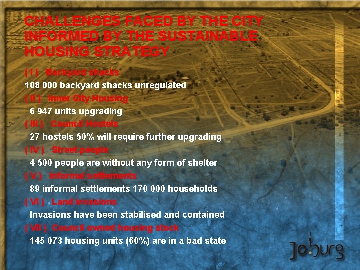 CHALLENGES FACED BY THE CITY INFORMED BY THE SUSTAINABLE HOUSING STRATEGY ( I )