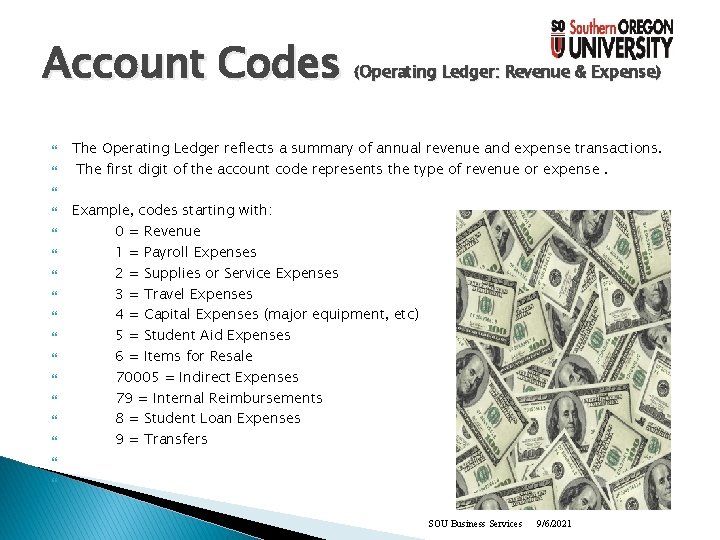 Account Codes (Operating Ledger: Revenue & Expense) The Operating Ledger reflects a summary of
