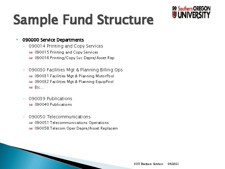 Sample Fund Structure 090000 Service Departments ◦ 090014 Printing and Copy Services 090015 Printing