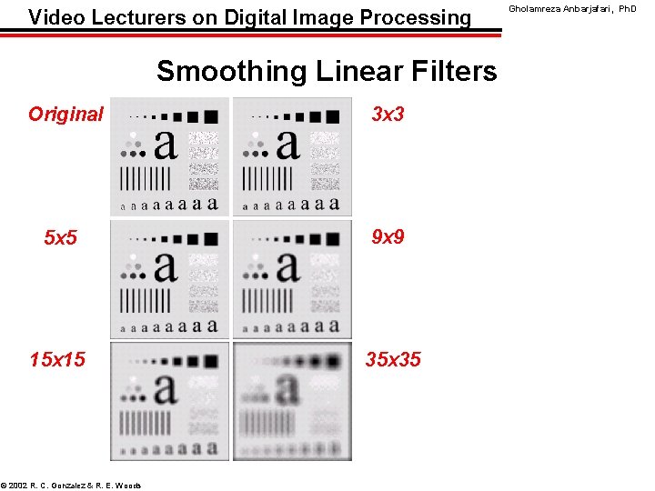 Video Lecturers on Digital Image Processing Smoothing Linear Filters Original 3 x 3 5