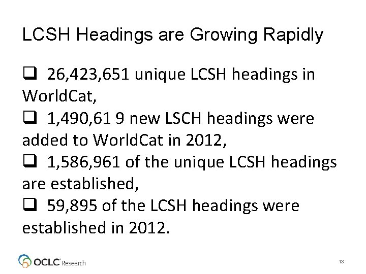 LCSH Headings are Growing Rapidly q 26, 423, 651 unique LCSH headings in World.