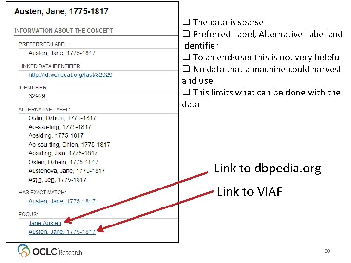 q The data is sparse q Preferred Label, Alternative Label and Identifier q To