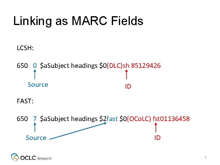 Linking as MARC Fields LCSH: 650 0 $a. Subject headings $0(DLC)sh 85129426 Source ID