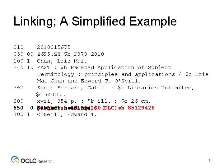 Linking; A Simplified Example 010 2010015675 050 00 Z 695. Z 8 $b F