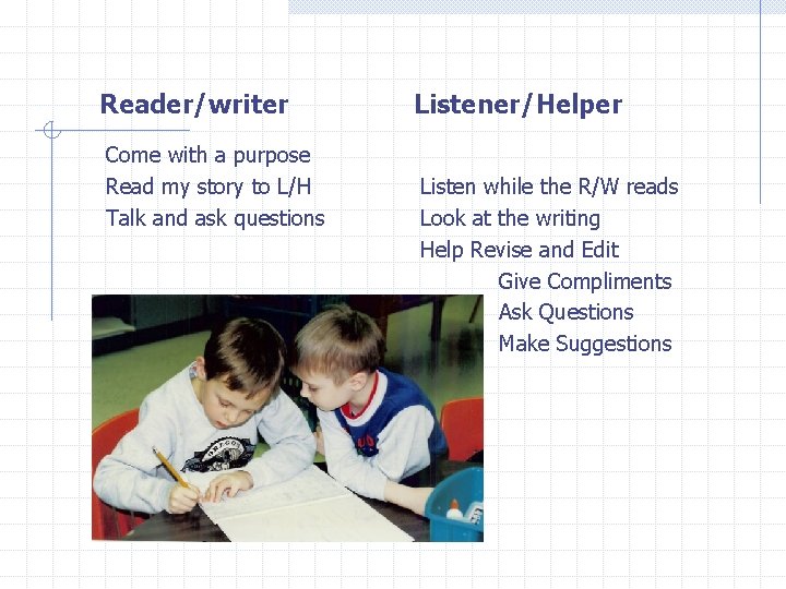 Reader/writer Come with a purpose Read my story to L/H Talk and ask questions