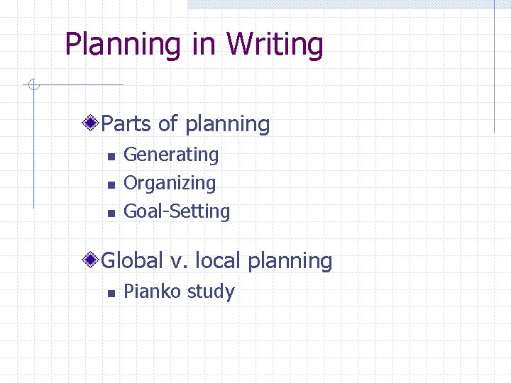 Planning in Writing Parts of planning n n n Generating Organizing Goal-Setting Global v.