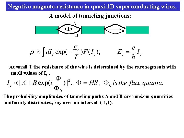 Negative magneto-resistance in quasi-1 D superconducting wires. A model of tunneling junctions: A B