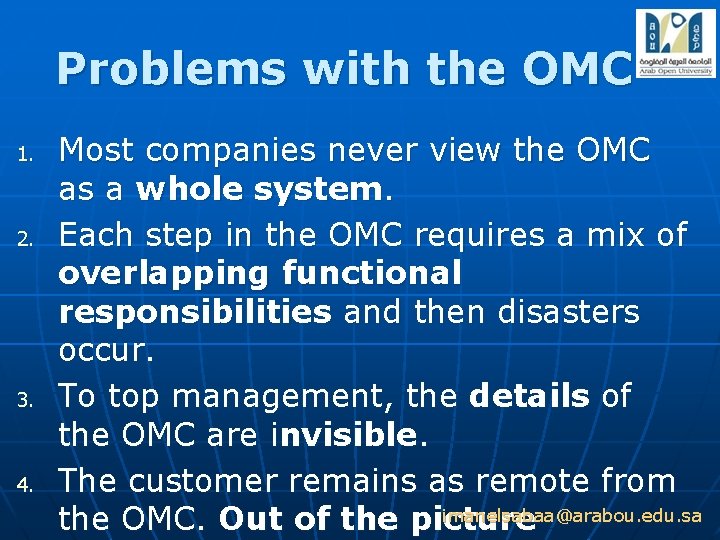 Problems with the OMC 1. 2. 3. 4. Most companies never view the OMC