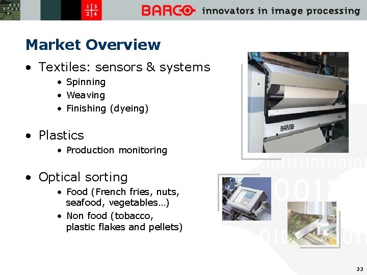 Market Overview • Textiles: sensors & systems • Spinning • Weaving • Finishing (dyeing)