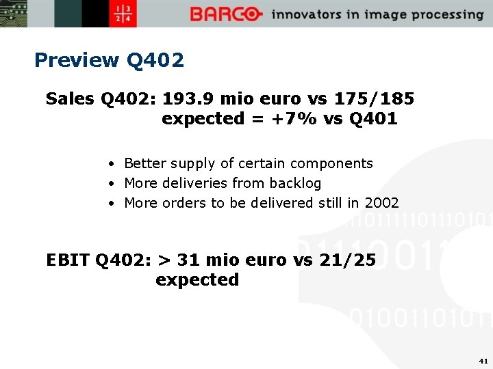 Preview Q 402 Sales Q 402: 193. 9 mio euro vs 175/185 expected =